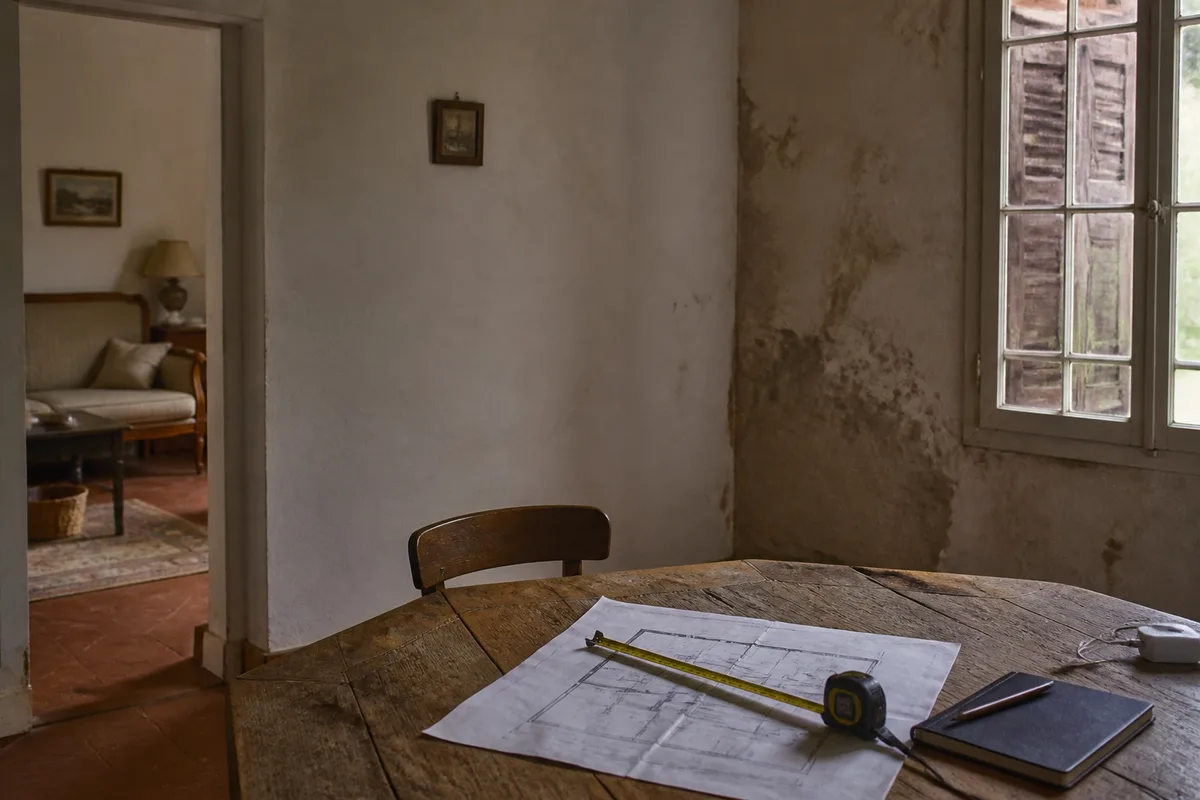 État initial d'une maison avant rénovation avec plan, murs anciens et relevés techniques
