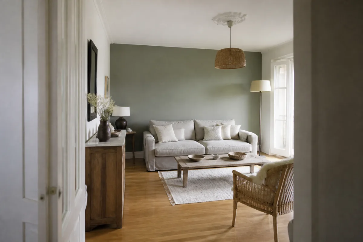 Salon lumineux avec un seul mur en couleur derrière le canapé