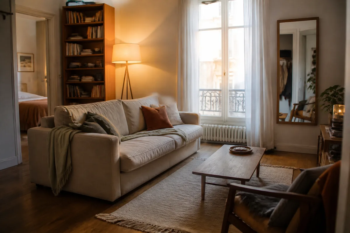 Salon réel réaménagé avec fenêtre dégagée, rideaux légers, miroir et éclairage chaleureux