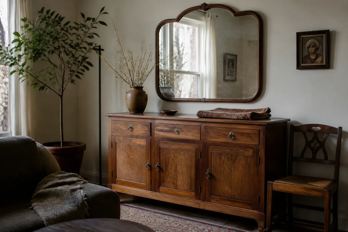 Meuble ancien et miroir chinés dans un intérieur décoré à petit budget