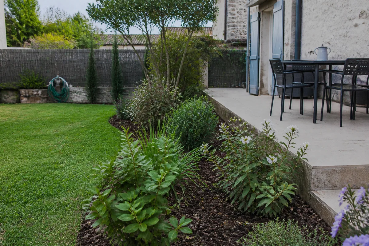 Massif de jardin paillé avec arbustes faciles à entretenir et petite pelouse autour d’une terrasse