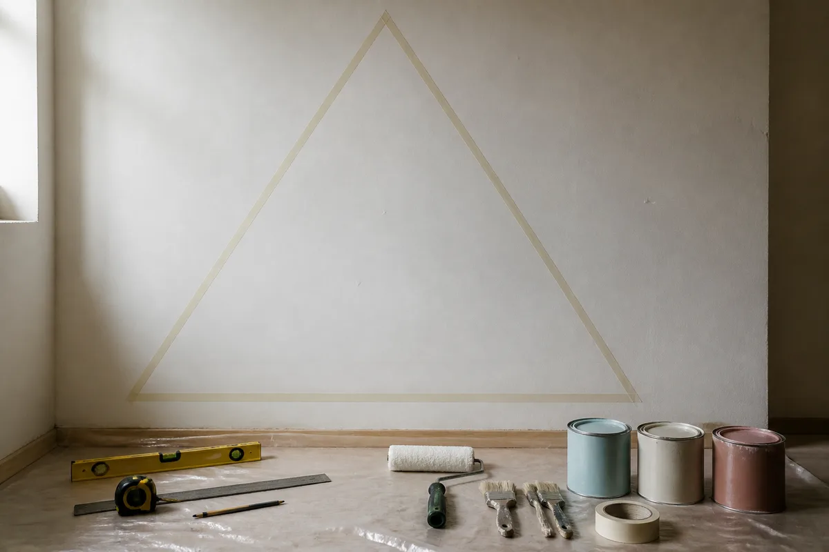 Matériel posé devant un mur préparé pour peindre un triangle de trois couleurs