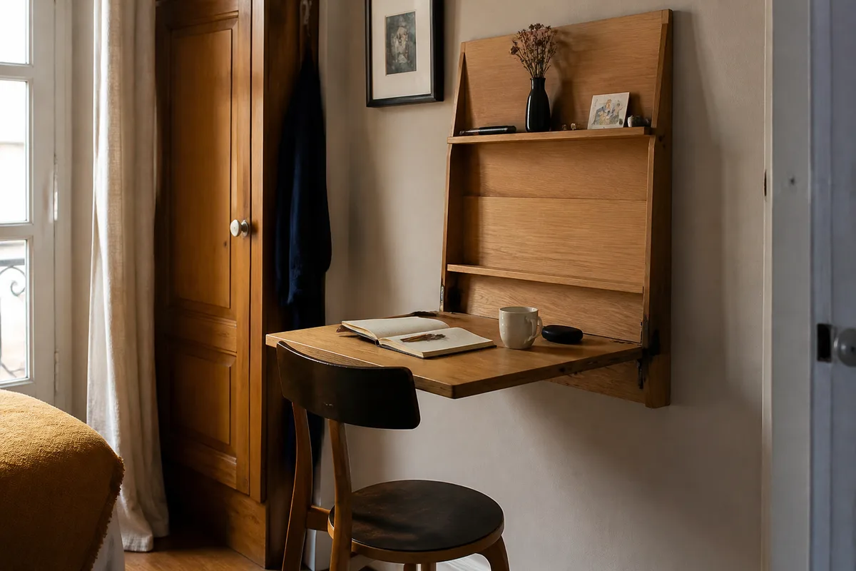 Tablette murale rabattable utilisée comme bureau dans un petit appartement