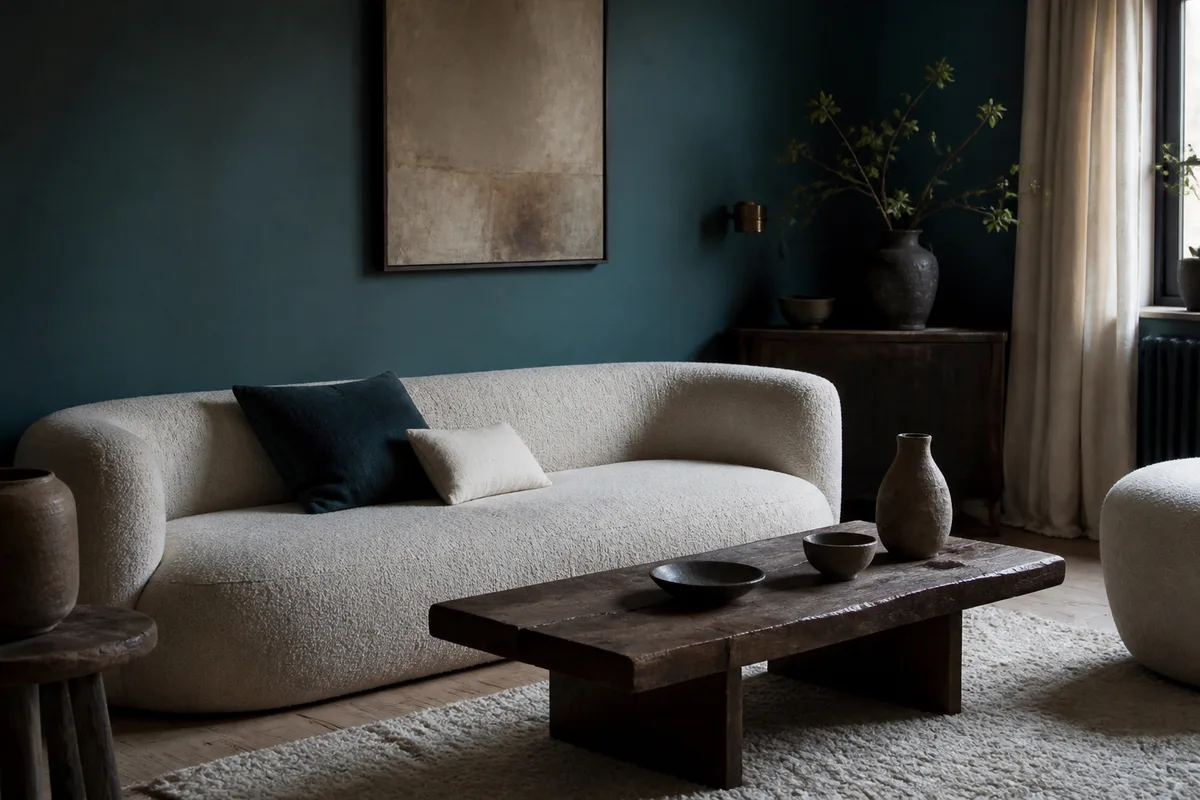 Salon contemporain avec canapé arrondi, bois texturé, textiles naturels et mur bleu-vert